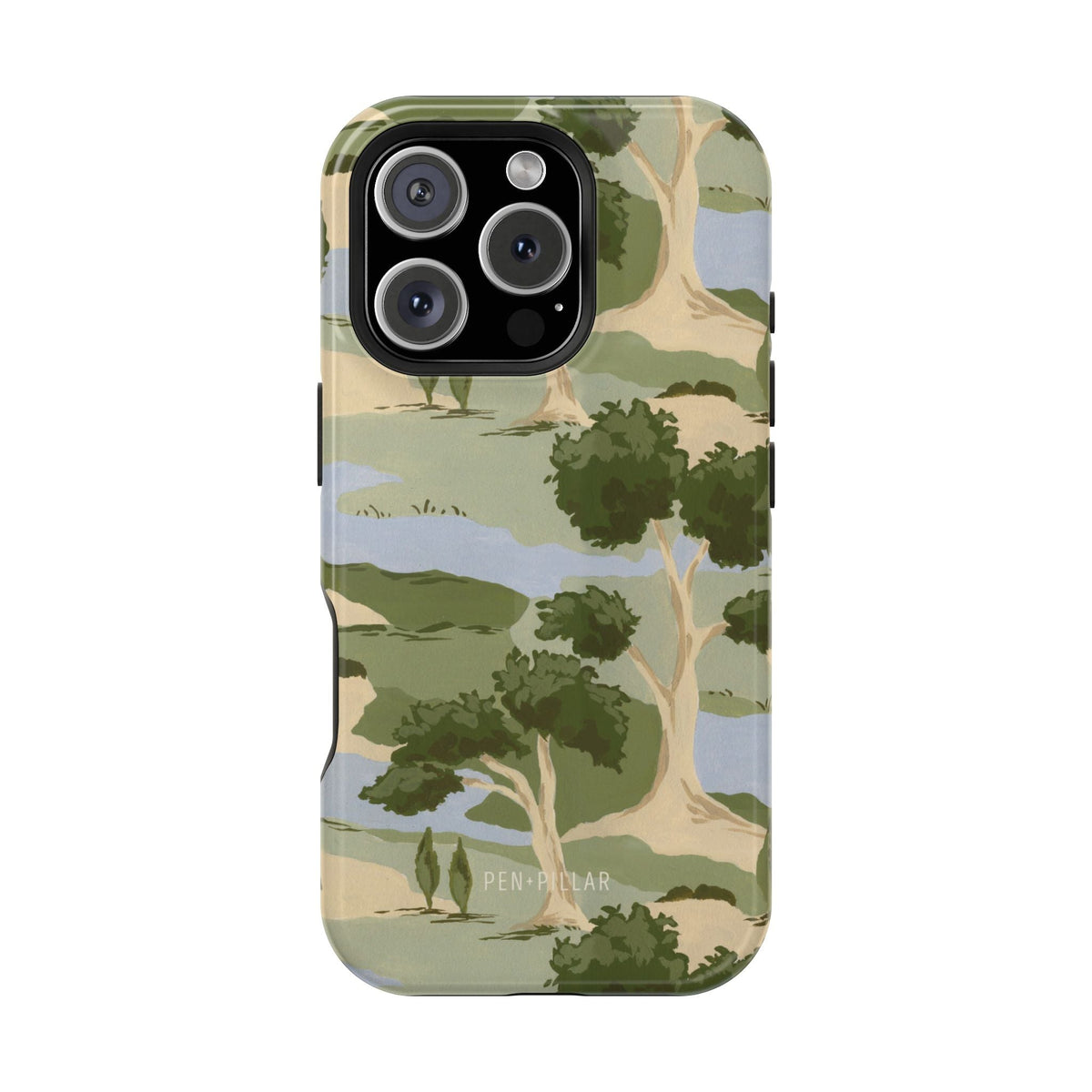 Orchard iPhone case featuring a green landscape design with trees and hills on a light background.