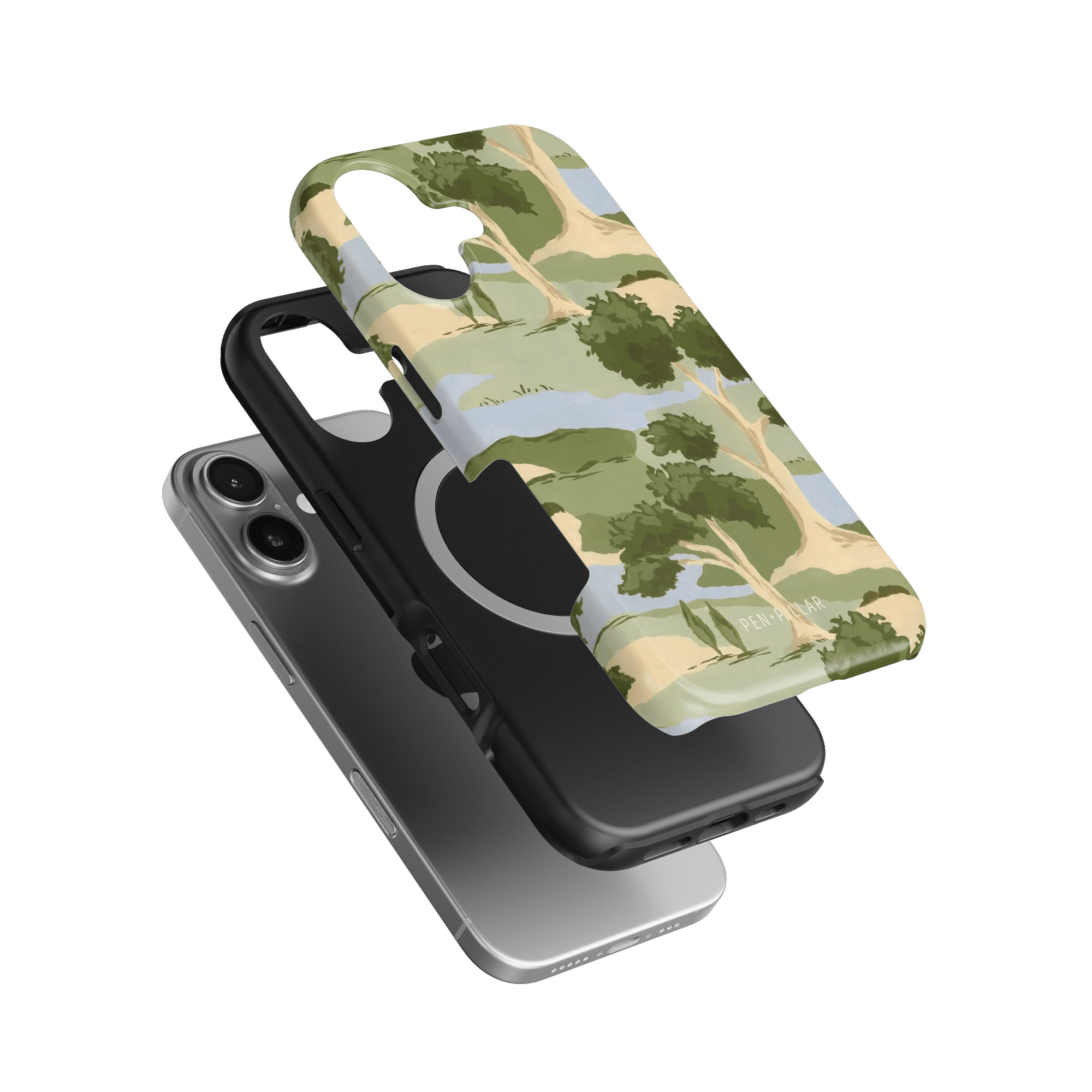Orchard iPhone case featuring a green and beige tree pattern, with a black protective layer underneath.