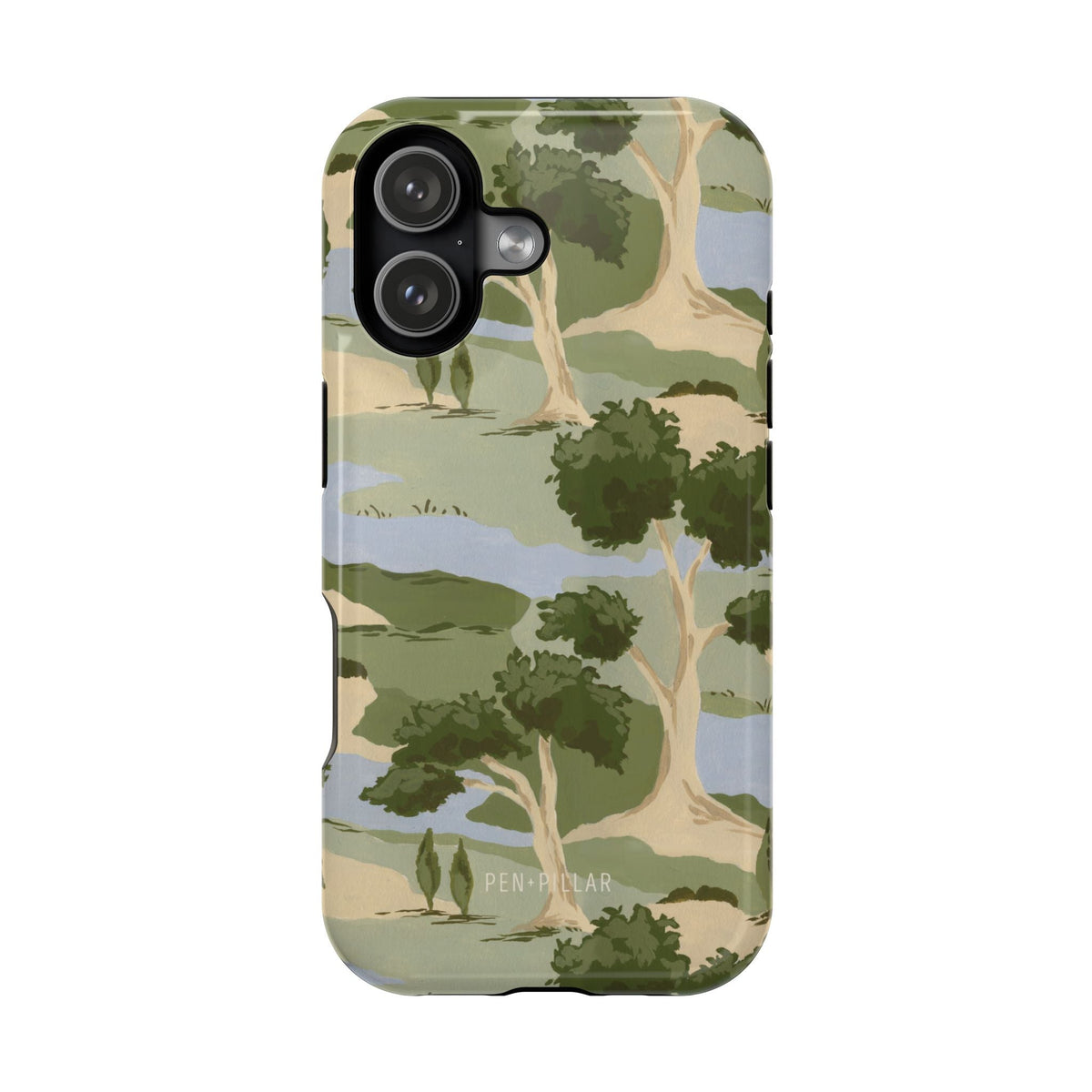 Orchard iPhone case featuring a green and beige landscape design with trees and hills on a light background.