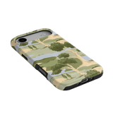 Orchard iPhone case featuring a landscape design with trees and hills in green, beige, and blue colors.
