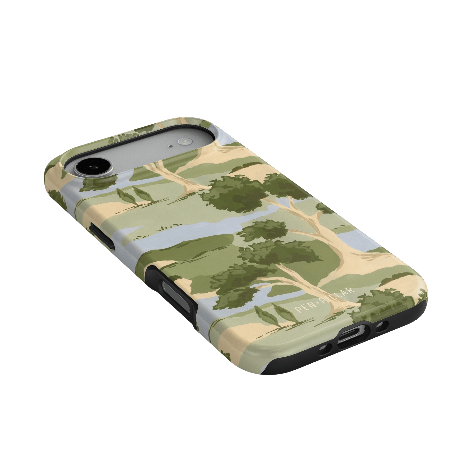 Orchard iPhone case featuring a landscape design with trees and hills in green, beige, and blue colors.