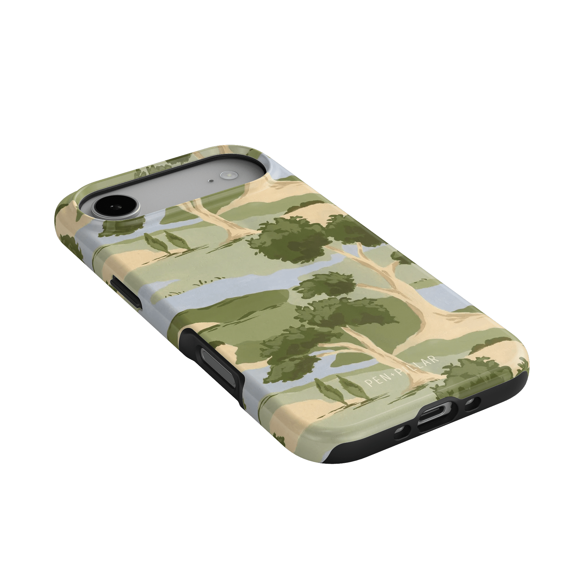 Orchard iPhone case featuring a landscape design with trees and hills in green, beige, and blue colors.