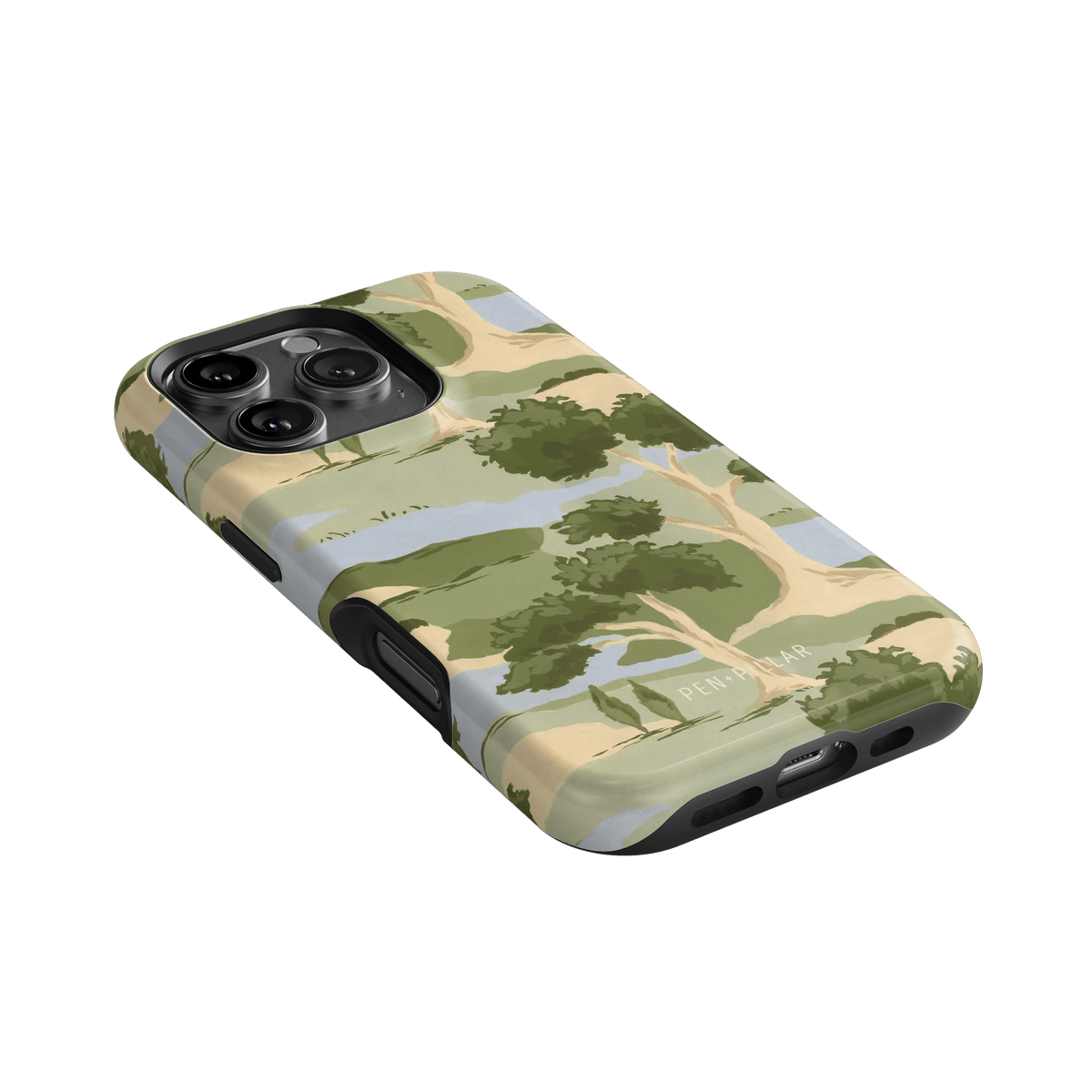 Orchard iPhone case featuring a green and beige landscape design with trees, angled view showing camera cutout.
