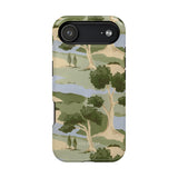 Orchard iPhone case featuring a green and beige landscape design with trees and hills.