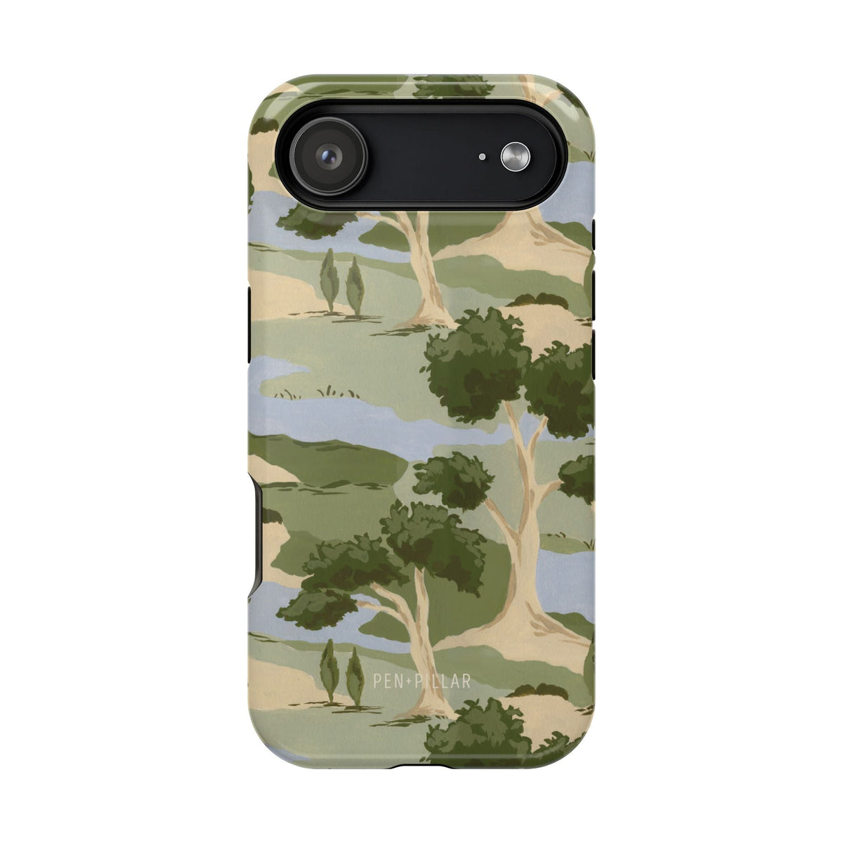 Orchard iPhone case featuring a green and beige landscape design with trees and hills.