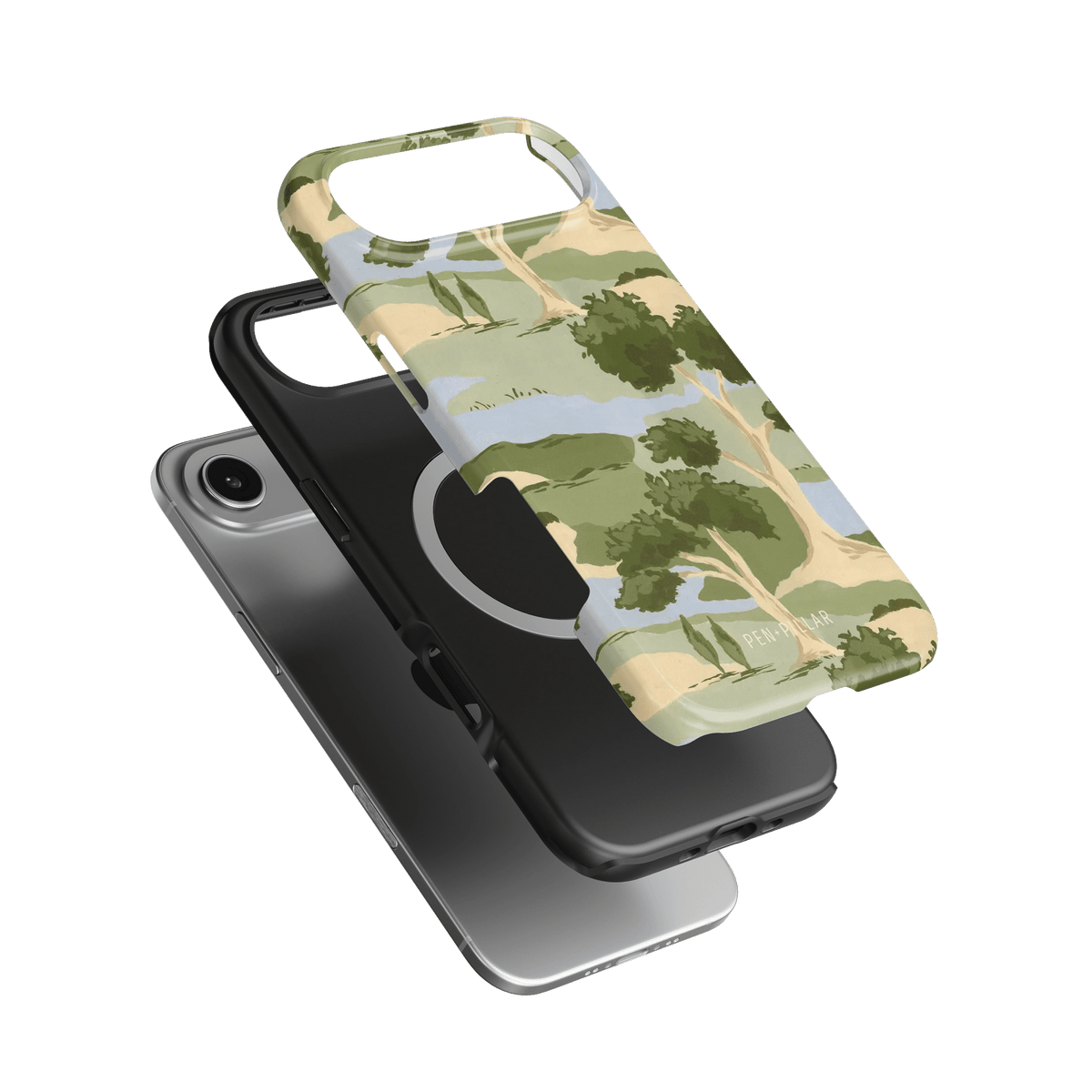 Orchard iPhone case featuring a green and beige landscape design with trees, layered over a black phone.