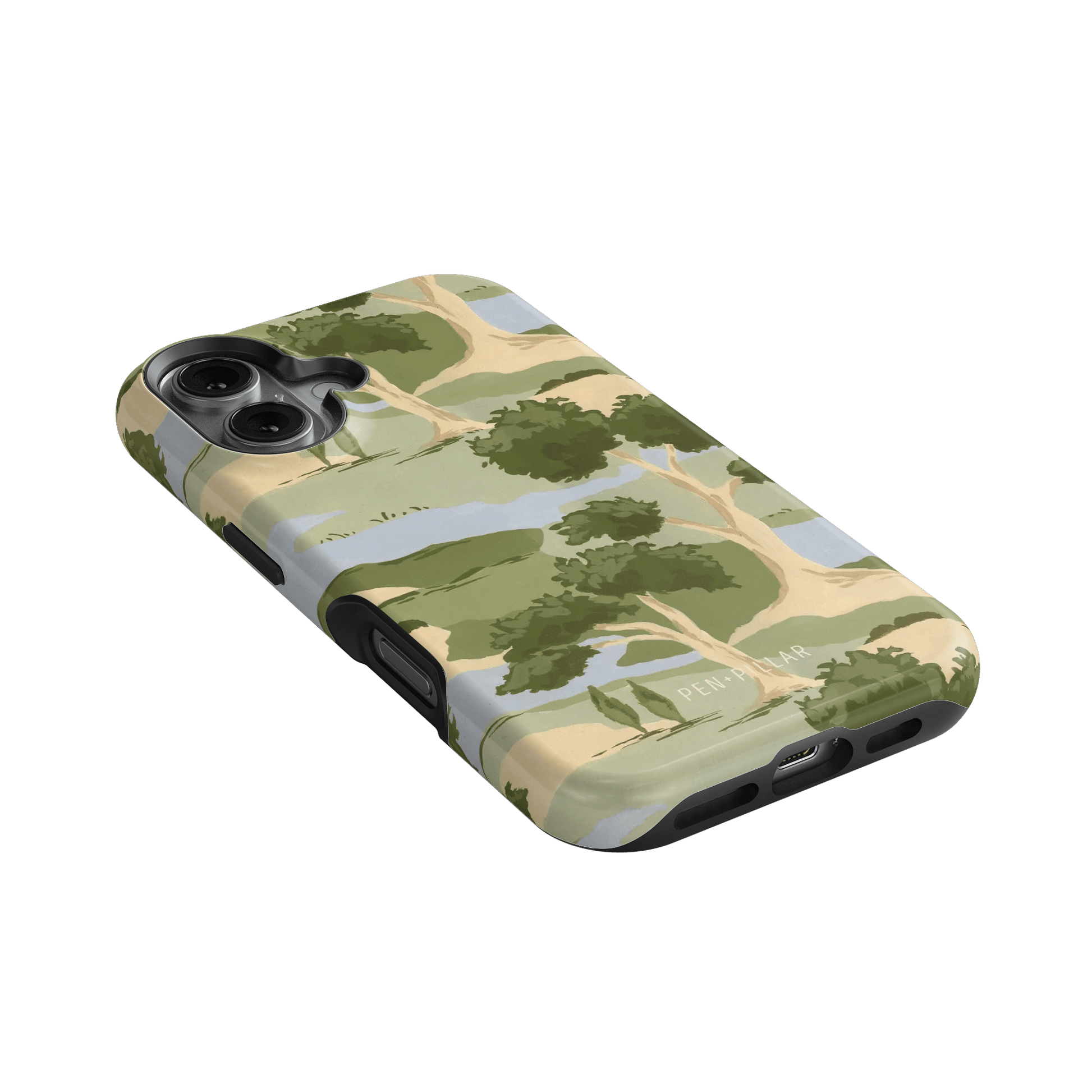 Orchard iPhone case featuring a landscape design with trees in green and beige tones on a black background.
