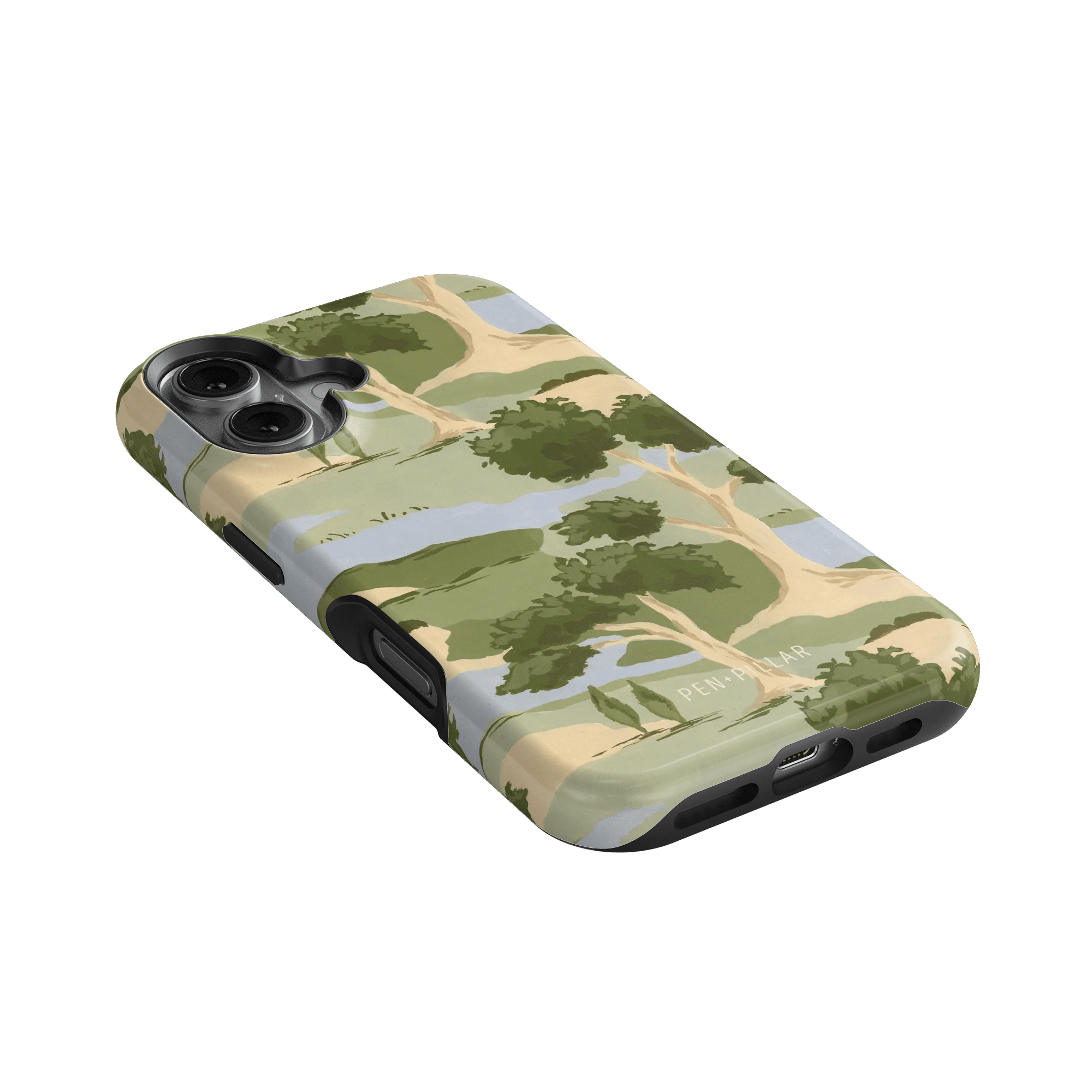 Orchard iPhone case featuring a landscape design with trees in green and beige tones on a black background.