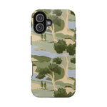 Orchard iPhone case featuring a green and beige landscape design with trees and hills.