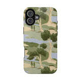 Orchard iPhone case featuring a green and beige landscape design with trees and hills.
