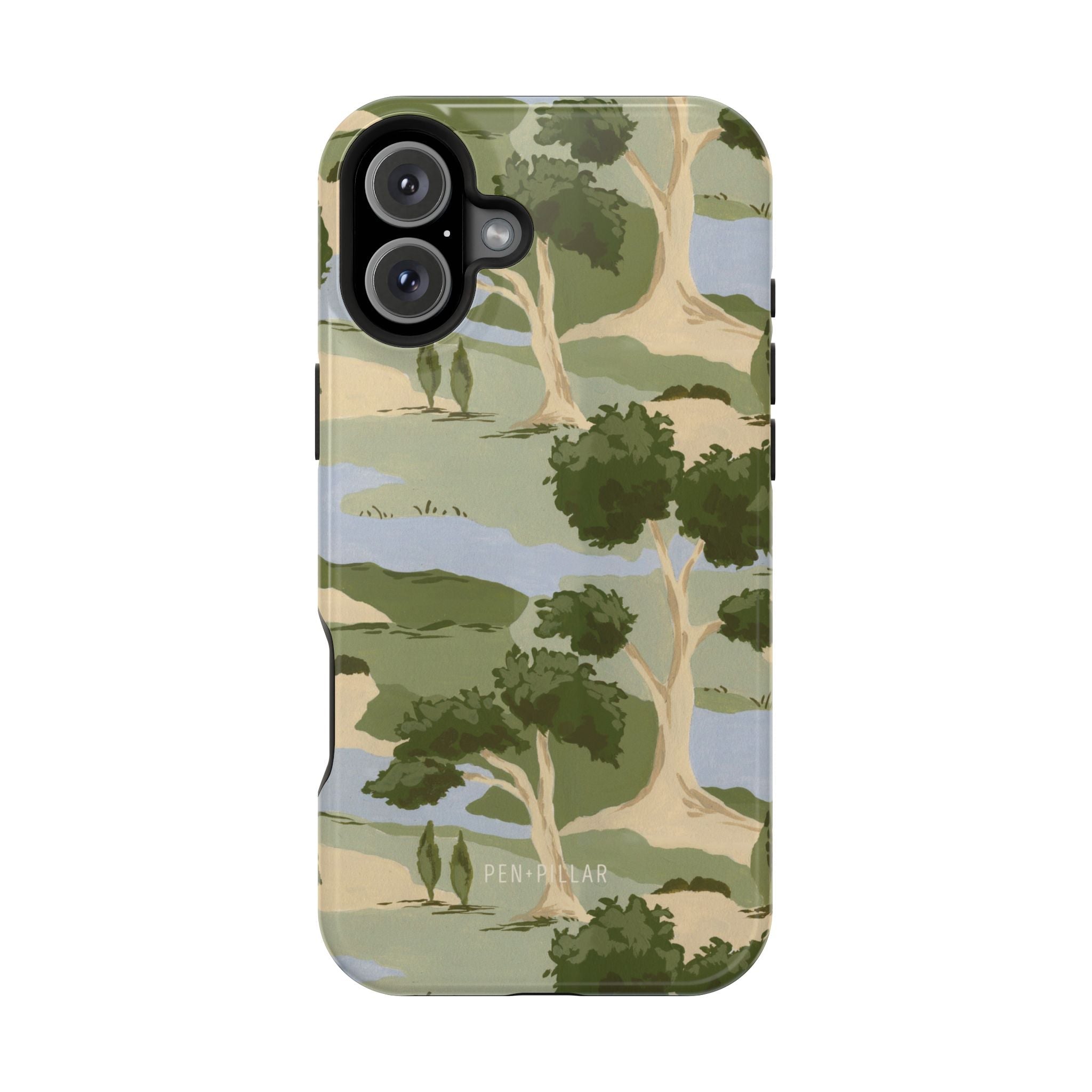 Orchard iPhone case featuring a green and beige landscape design with trees and hills.