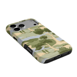 Orchard iPhone case featuring a landscape design with trees and water in green and beige tones.