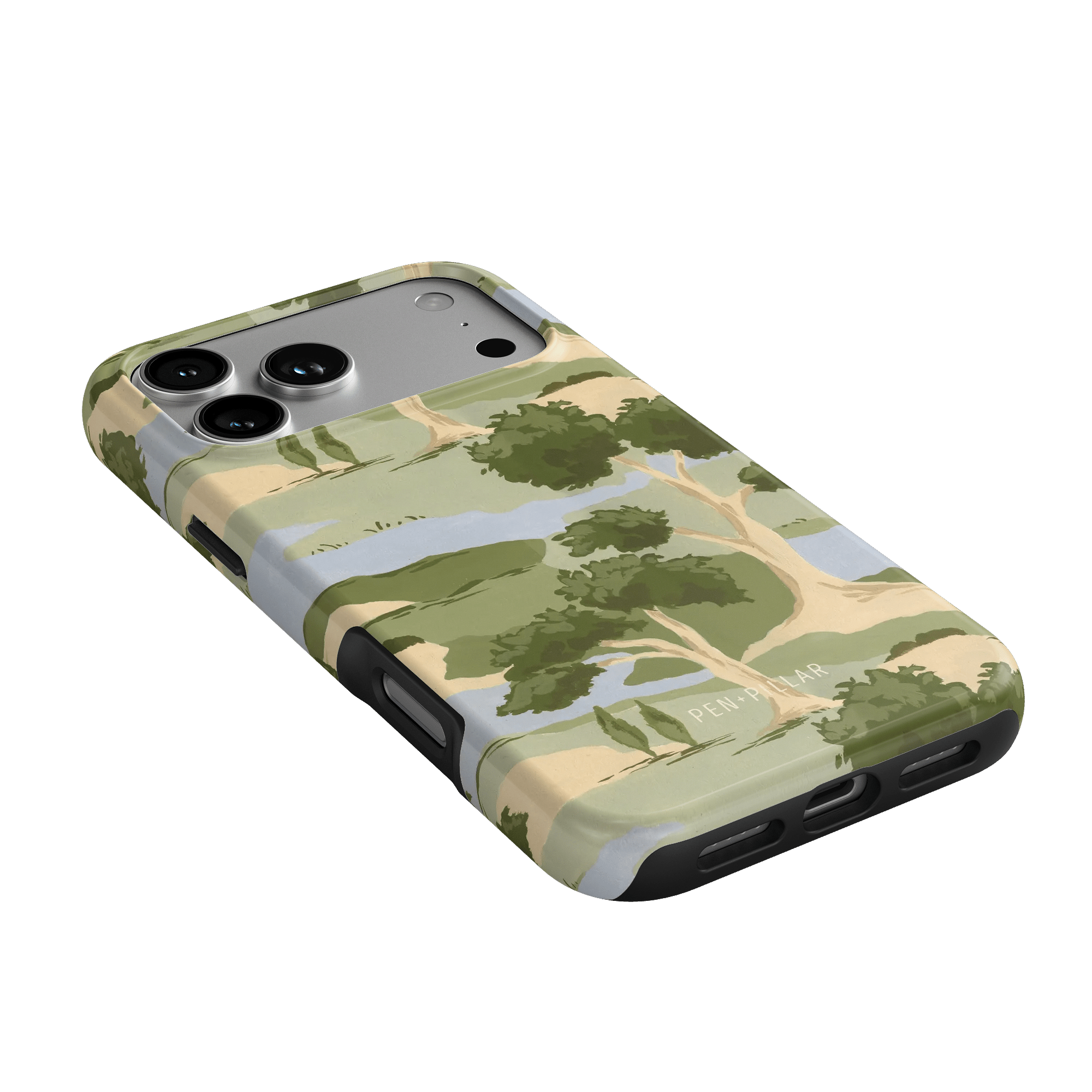 Orchard iPhone case featuring a landscape design with trees and water in green and beige tones.