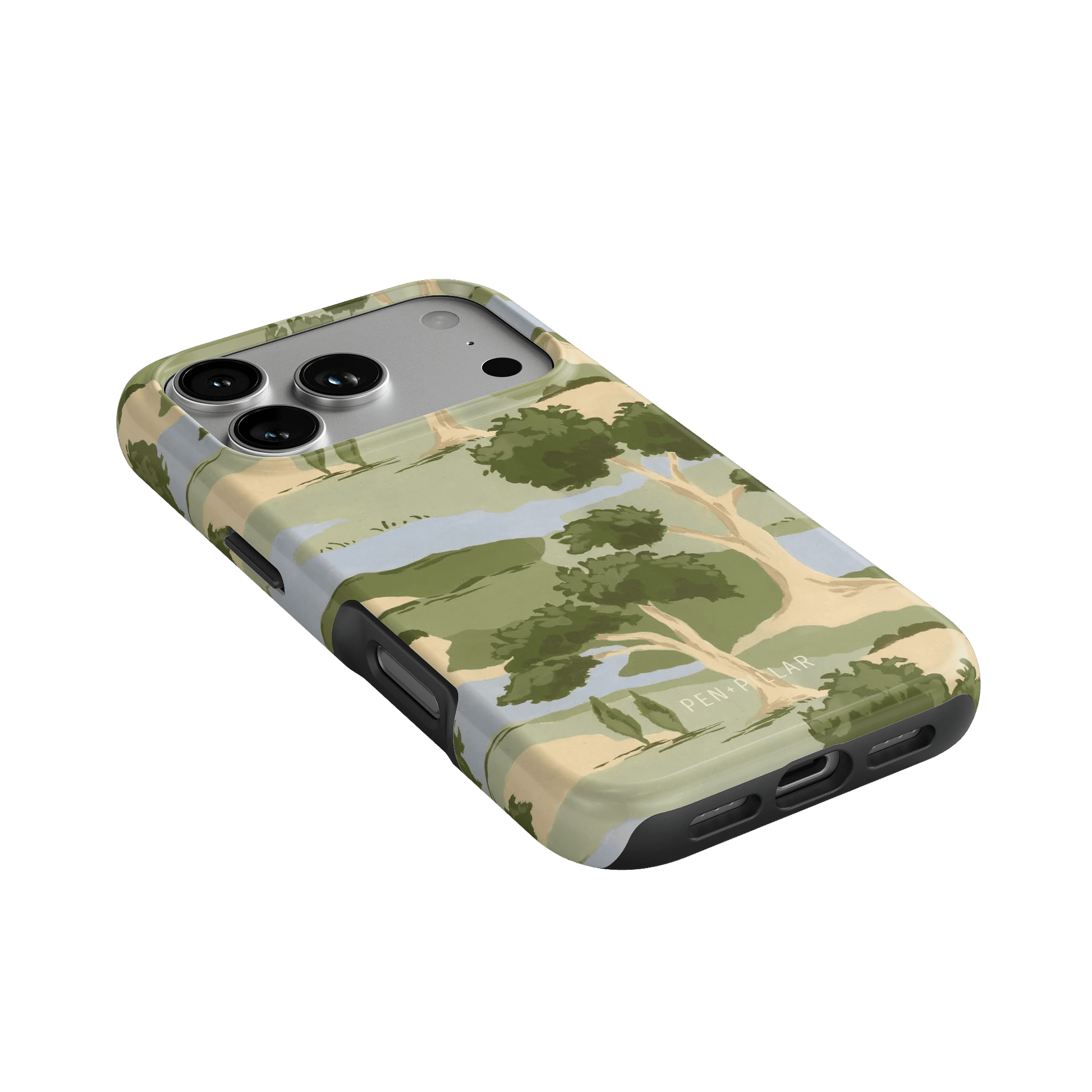 Orchard iPhone case featuring a landscape design with trees and a soft color palette, angled view showing ports.