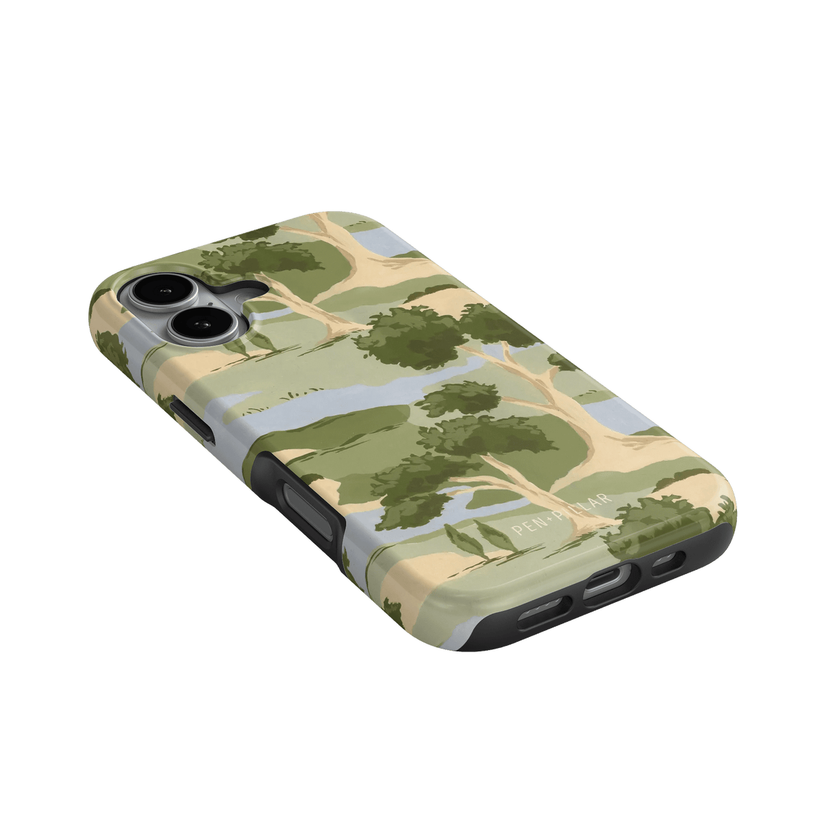 Orchard iPhone case featuring a landscape design with trees and a blue sky on a beige background.