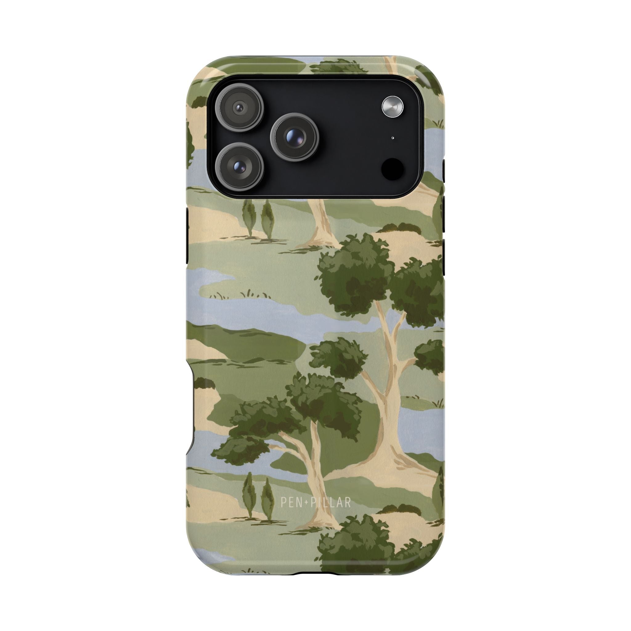 Orchard iPhone case featuring a green and beige landscape design with trees and rivers.