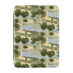 Orchard Kindle case featuring a green and beige tree pattern on a light blue background.