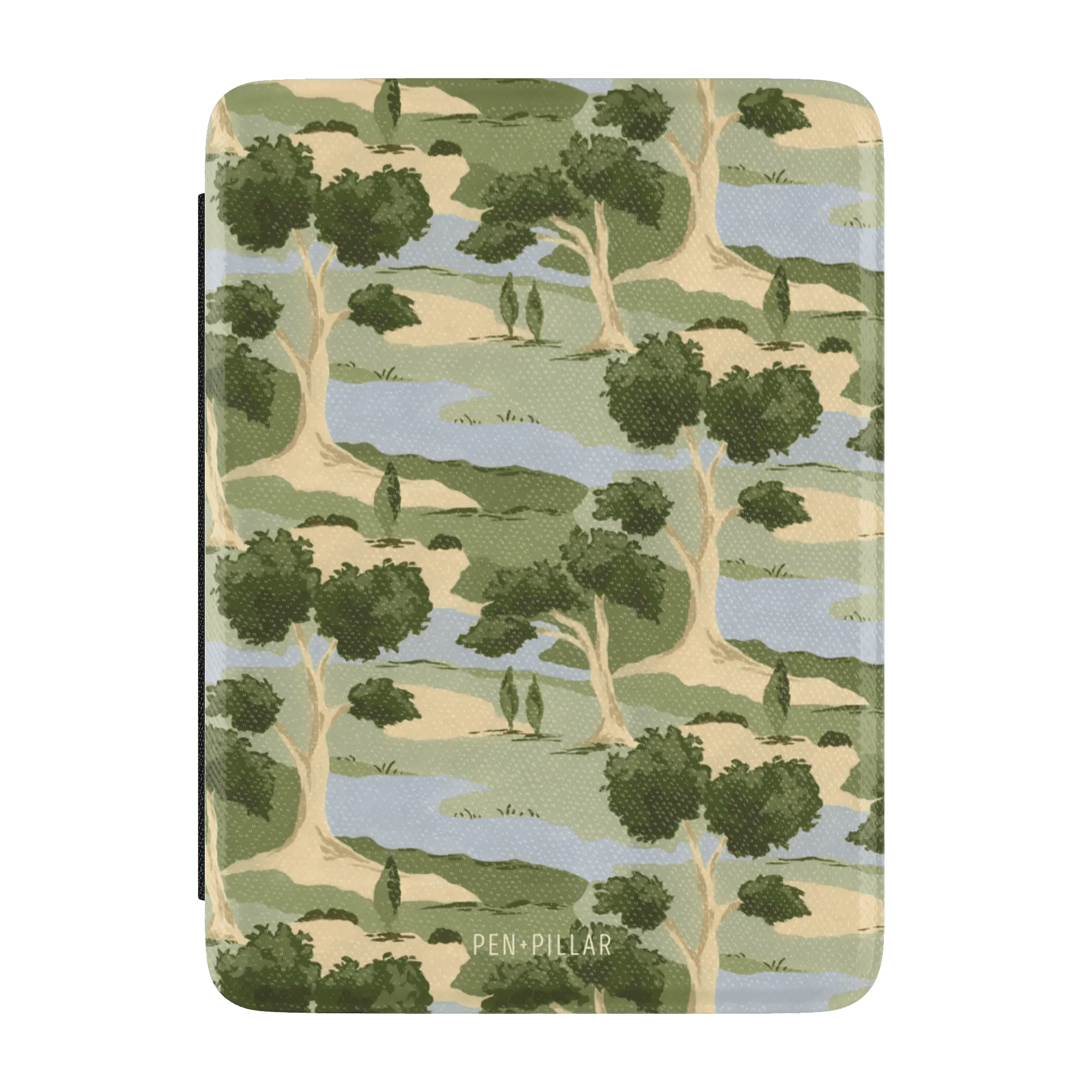 Orchard Kindle case featuring a green and beige tree pattern on a light blue background.