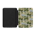 Orchard Kindle case with a camouflage design featuring trees and water, opened to show the interior.