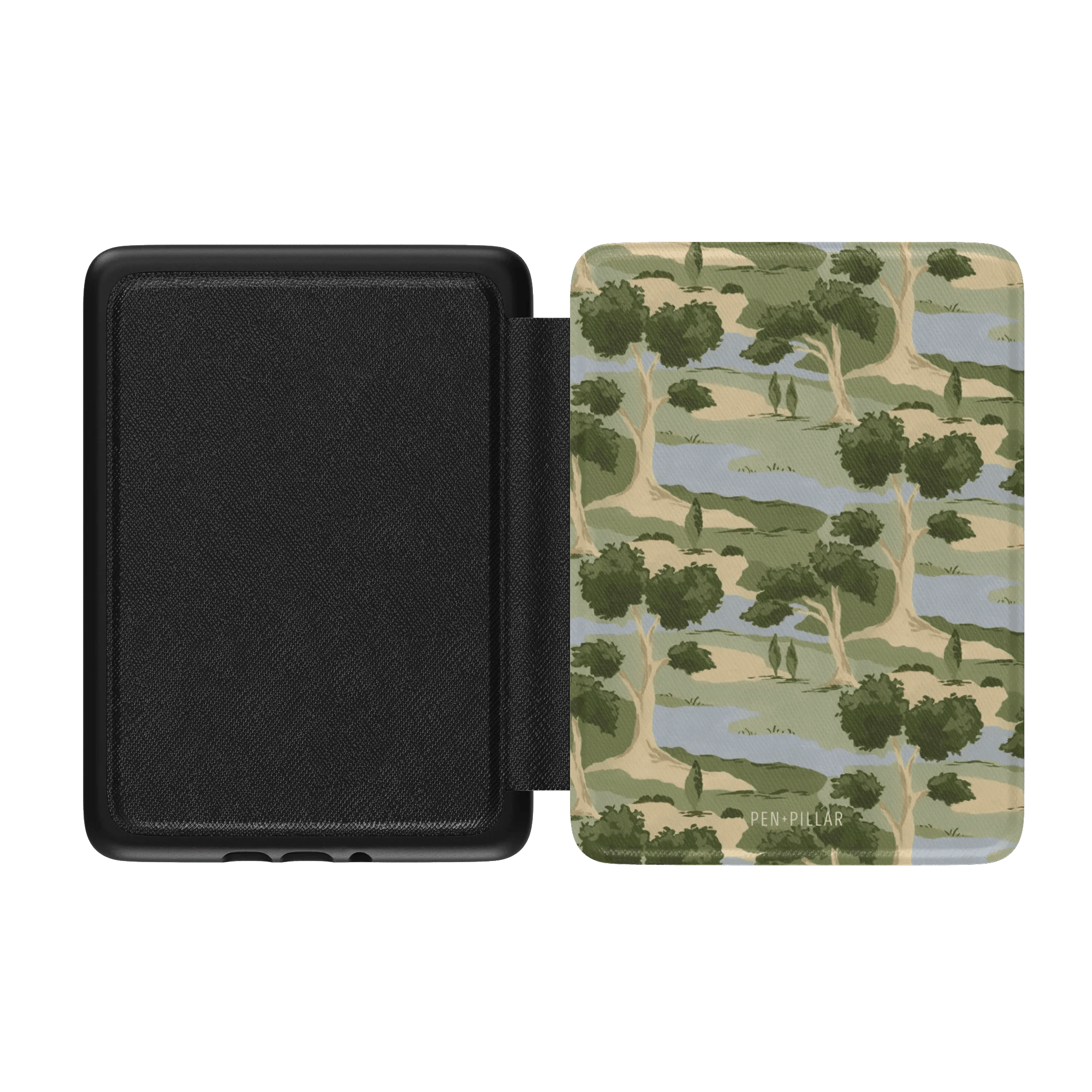 Orchard Kindle case with a camouflage design featuring trees and water, opened to show the interior.