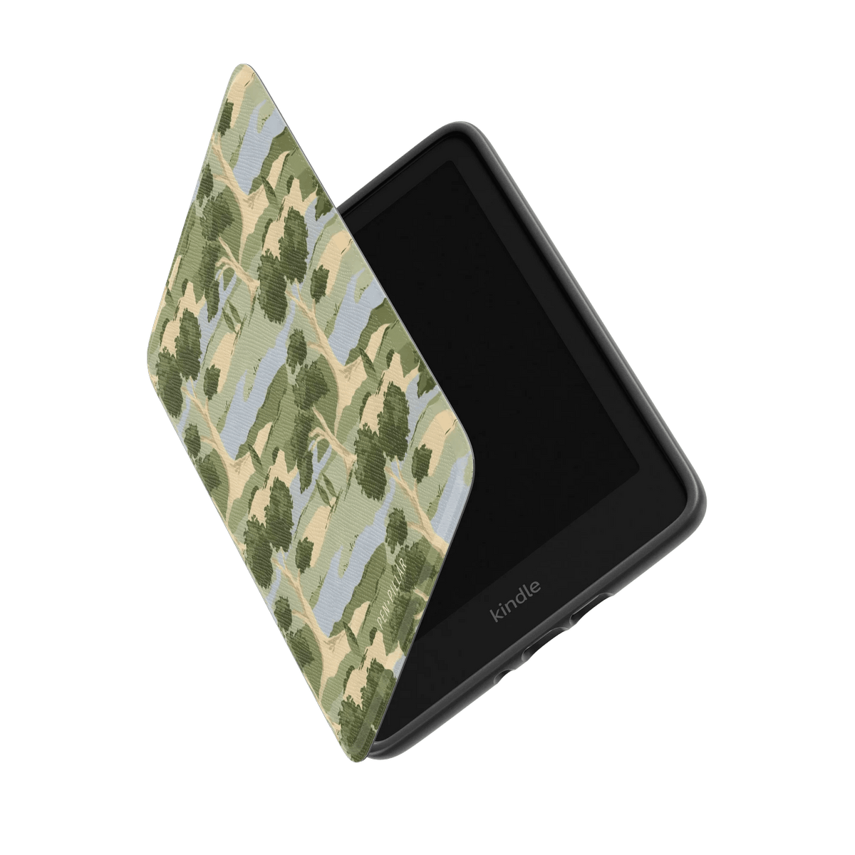 Orchard Kindle case with a camouflage pattern, partially open, displaying the Kindle device inside.