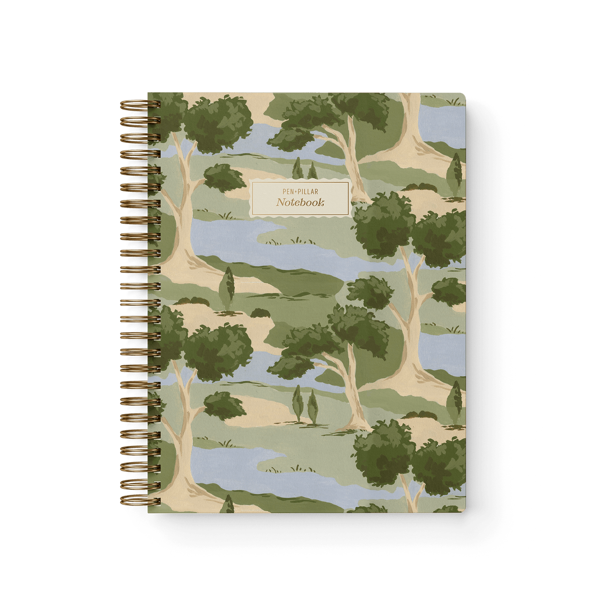 Orchard notebook featuring a landscape design with trees and water, spiral binding, and a beige label on the cover.