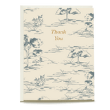 Orchard thank you card featuring a landscape design with trees and a beige background, text in gold.