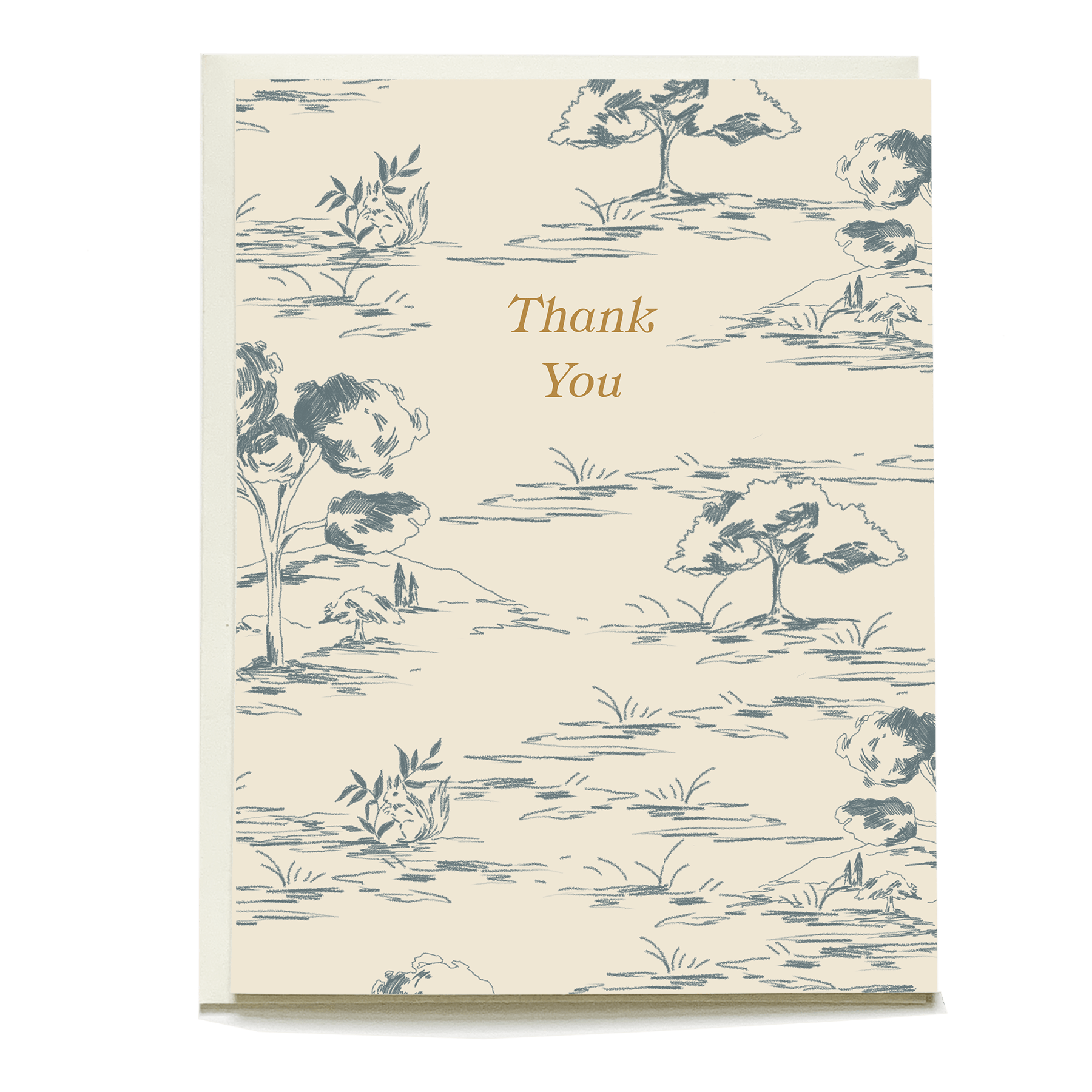 Orchard thank you card featuring a landscape design with trees and a beige background, text in gold.