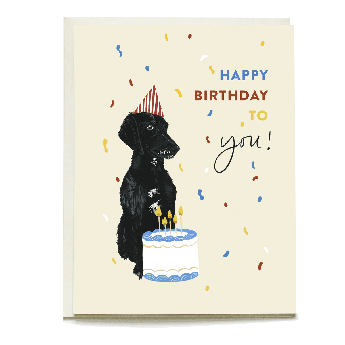 Otis birthday card featuring a black dog wearing a party hat next to a cake with candles and colorful confetti.