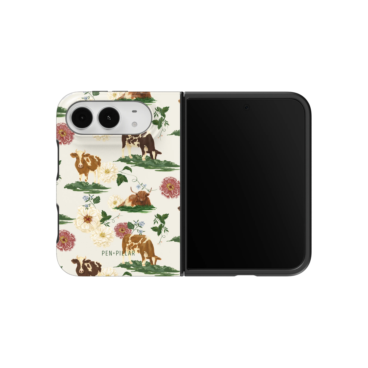 Pasture iPhone 18 Duo case on an unfolded iPhone 18 Duo, back and screen side by side: cows and dahlias in a countryside scene on cream
