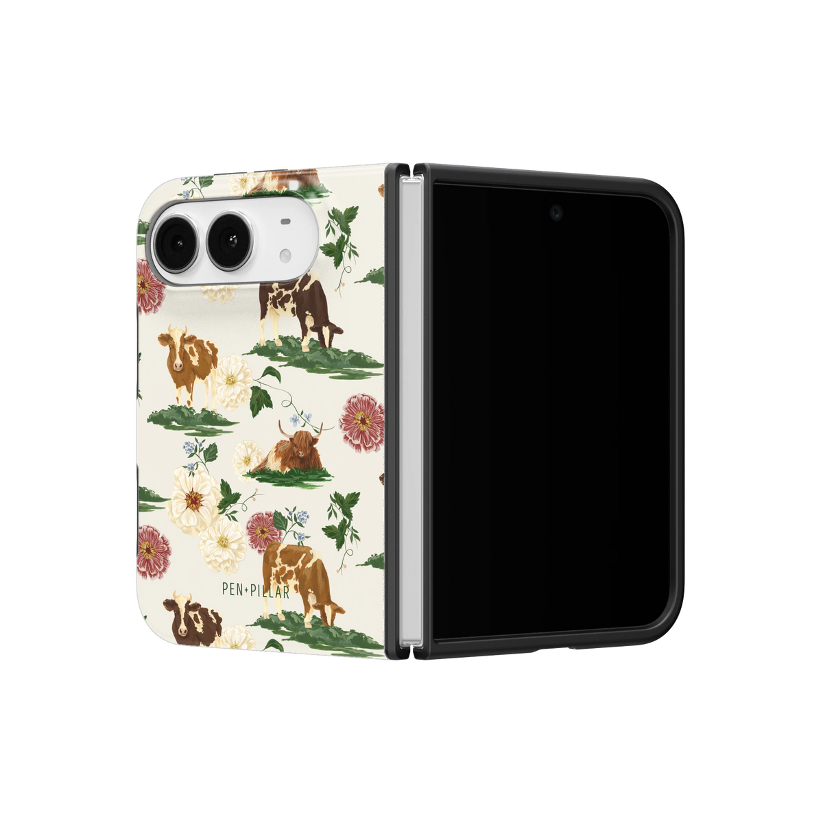 Pasture iPhone 18 Duo case on a half-open iPhone 18 Duo, angled view