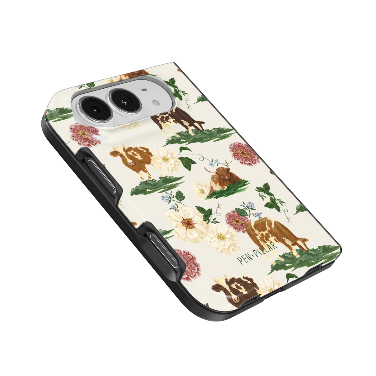 Pasture iPhone 18 Duo case, angled view showing the camera surround and side buttons