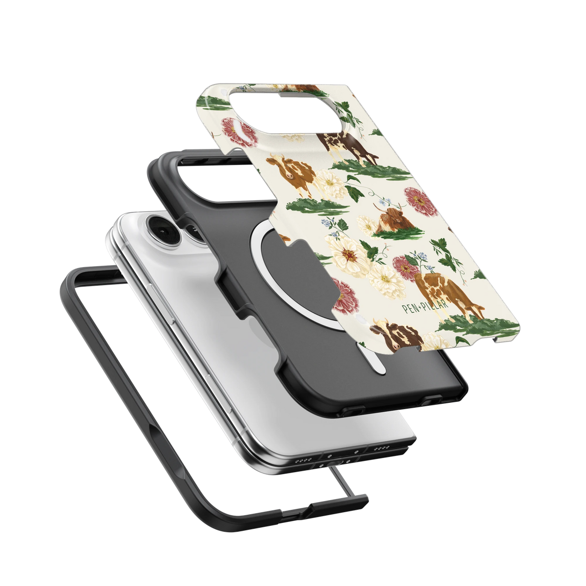 Pasture iPhone 18 Duo case, exploded view of the printed shell, black inner layer with MagSafe ring, and phone