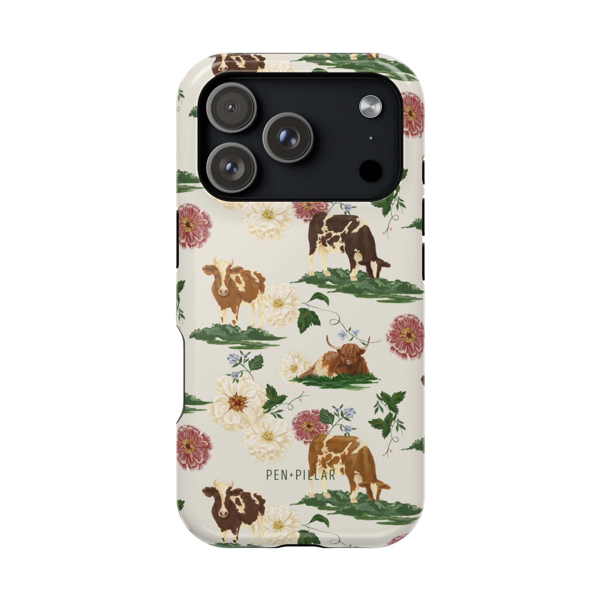 Pasture iPhone case featuring a floral design with cows and flowers in earthy tones on a cream background.
