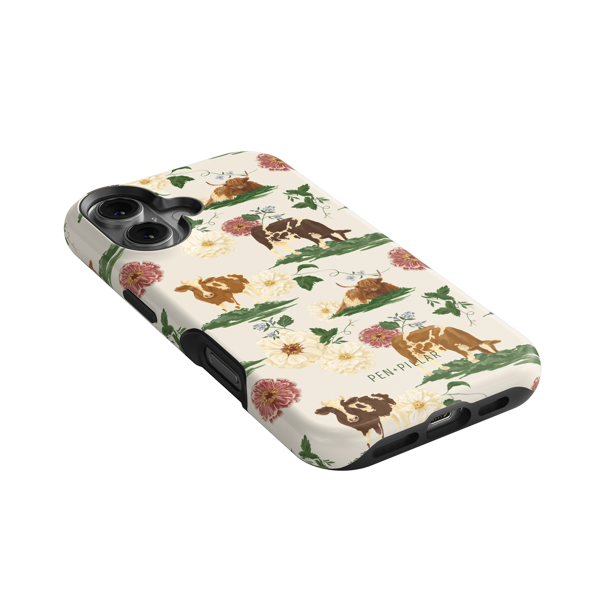 Pasture iPhone case featuring floral designs and cows on a cream background, angled to show the side and buttons.