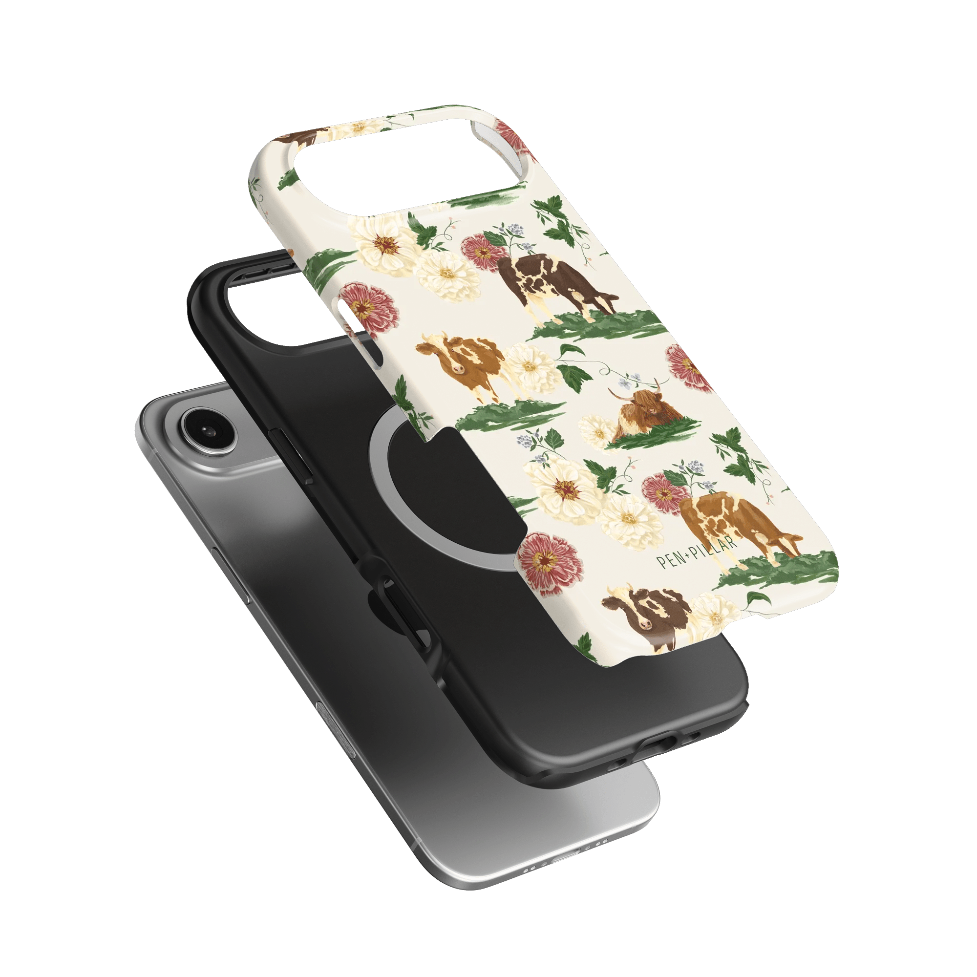 Pasture iPhone case featuring a floral design with cows, layered over a black phone case.