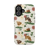 Pasture iPhone case featuring a floral design with cows and flowers in soft colors on a light background.