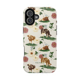 Pasture iPhone case featuring a floral design with cows and flowers in earthy tones on a light background.