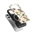 Pasture iPhone case featuring floral and animal designs, layered over black and clear phone cases.