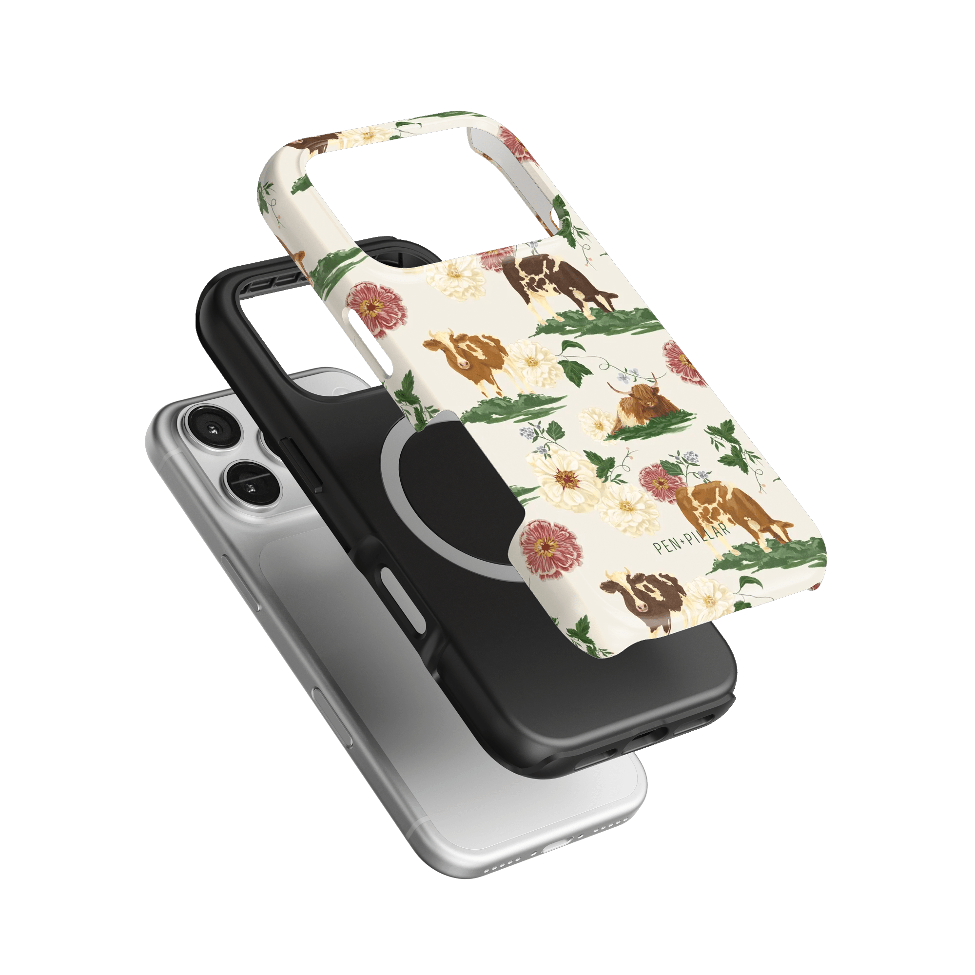 Pasture iPhone case featuring floral and animal designs, layered over black and clear phone cases.