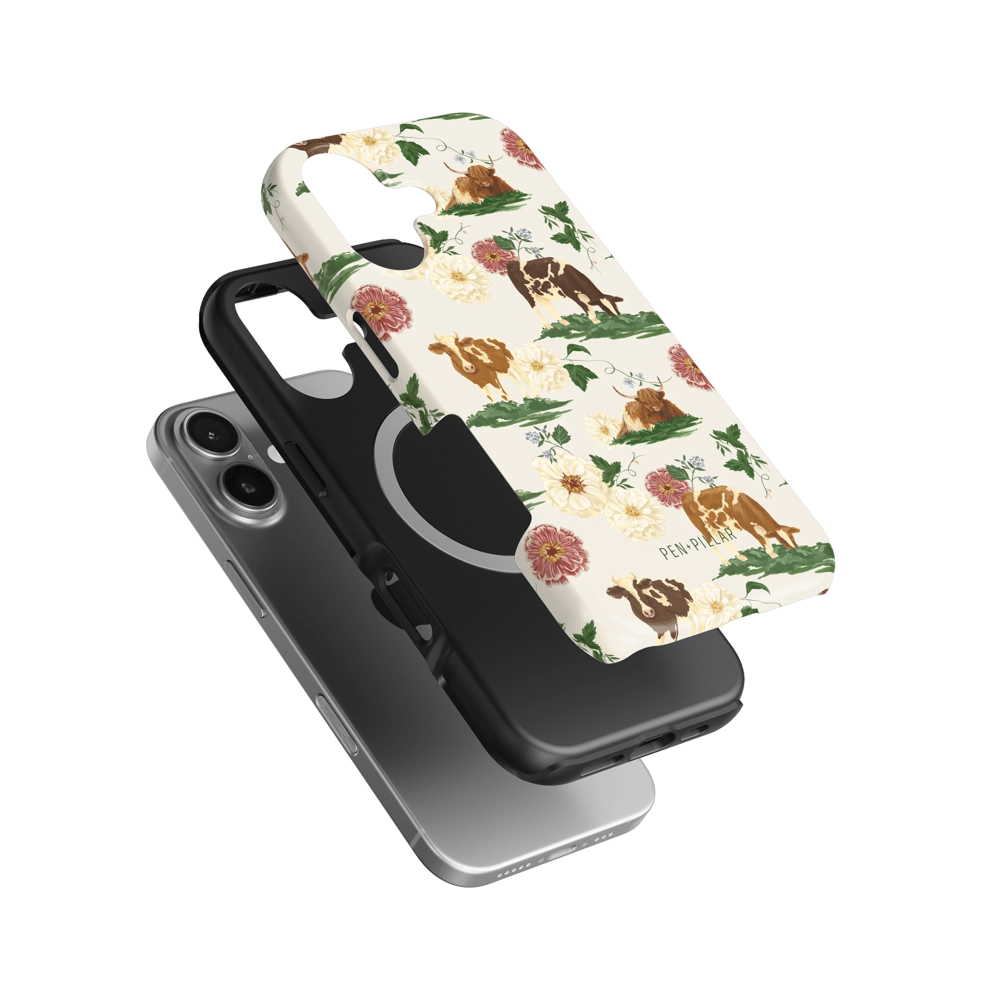 Pasture iPhone case featuring floral and animal designs in earthy tones, layered over a black phone case.