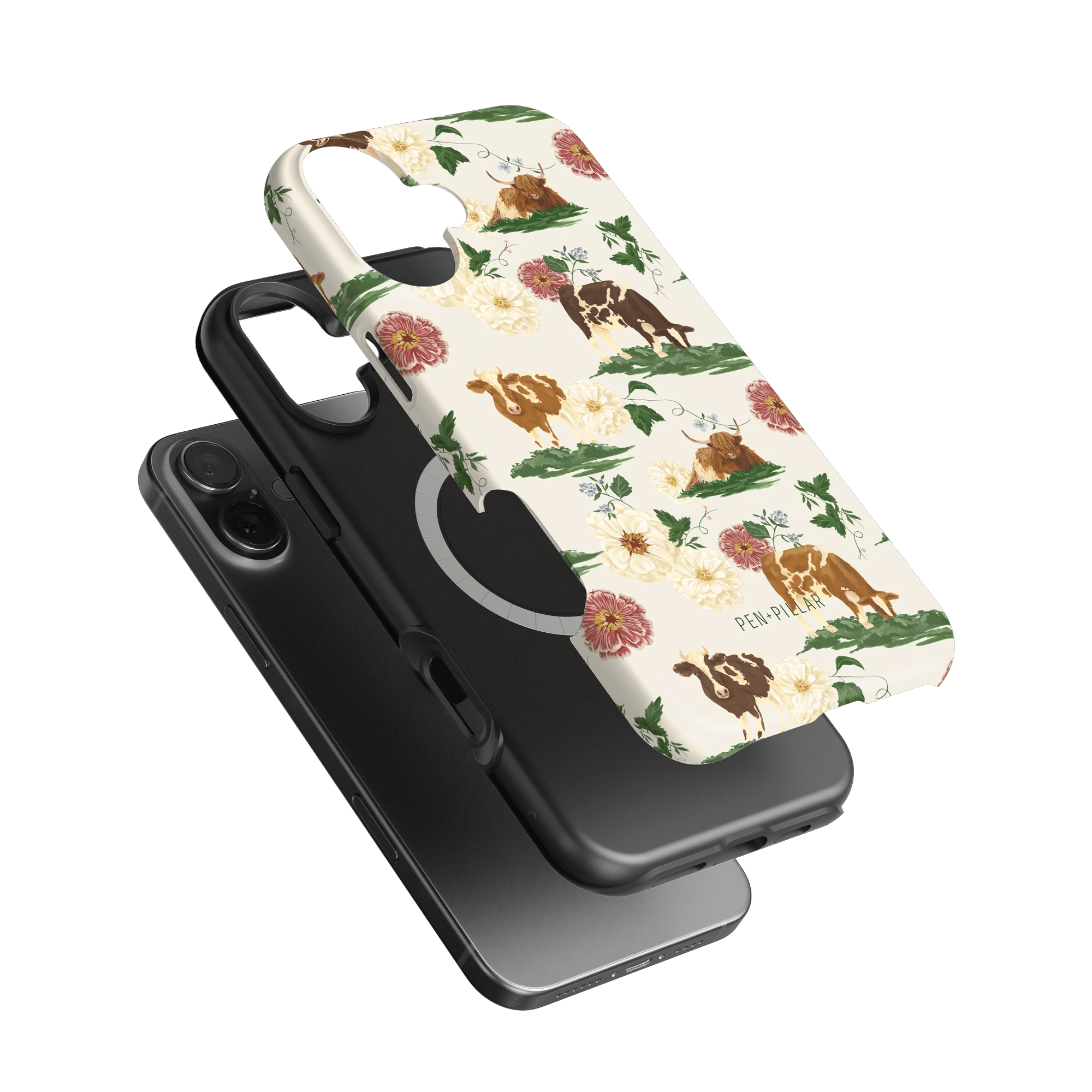 Pasture iPhone case featuring floral and animal designs in earthy tones, layered over a black phone case.