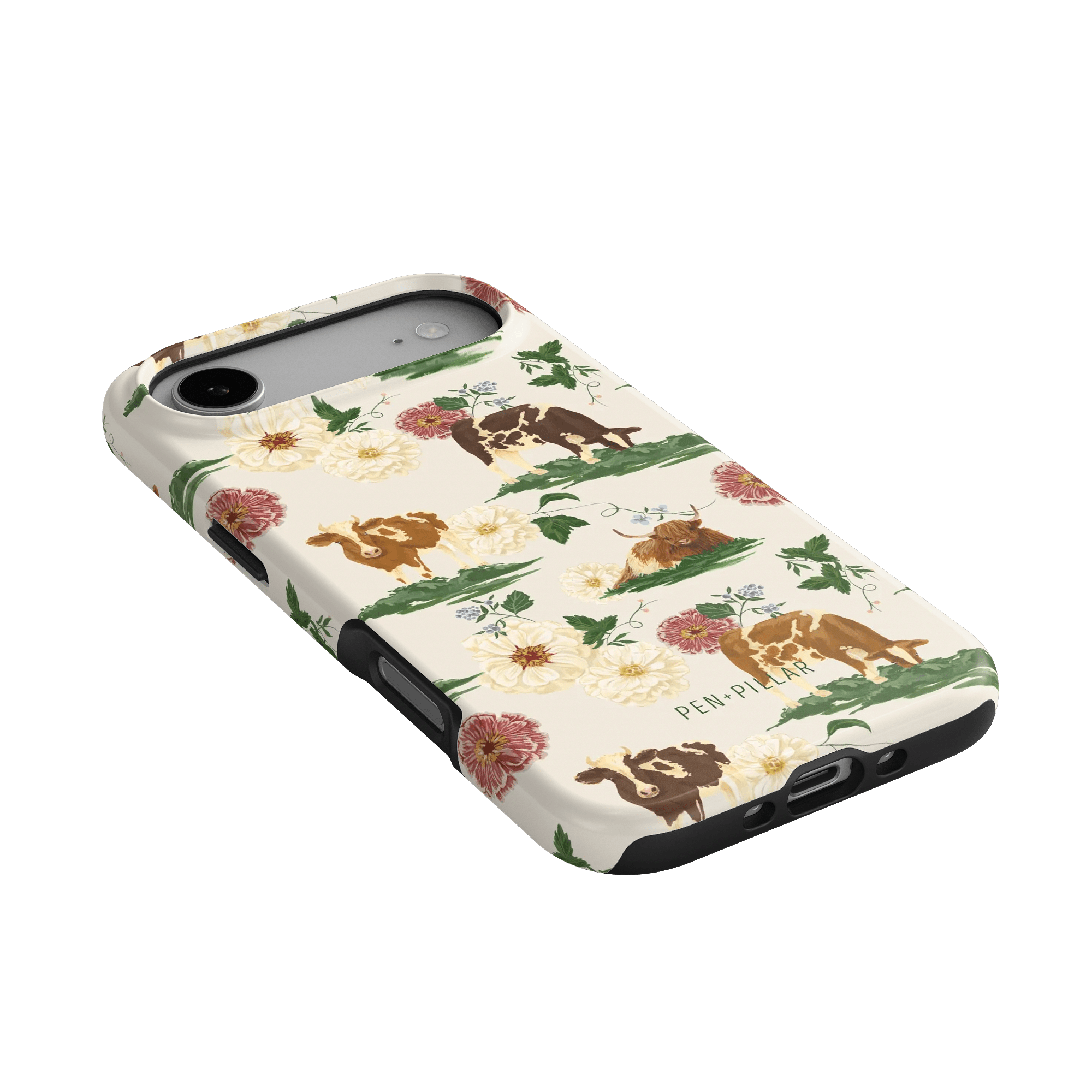 Pasture iPhone case featuring floral designs and illustrations of dogs in various poses on a cream background.