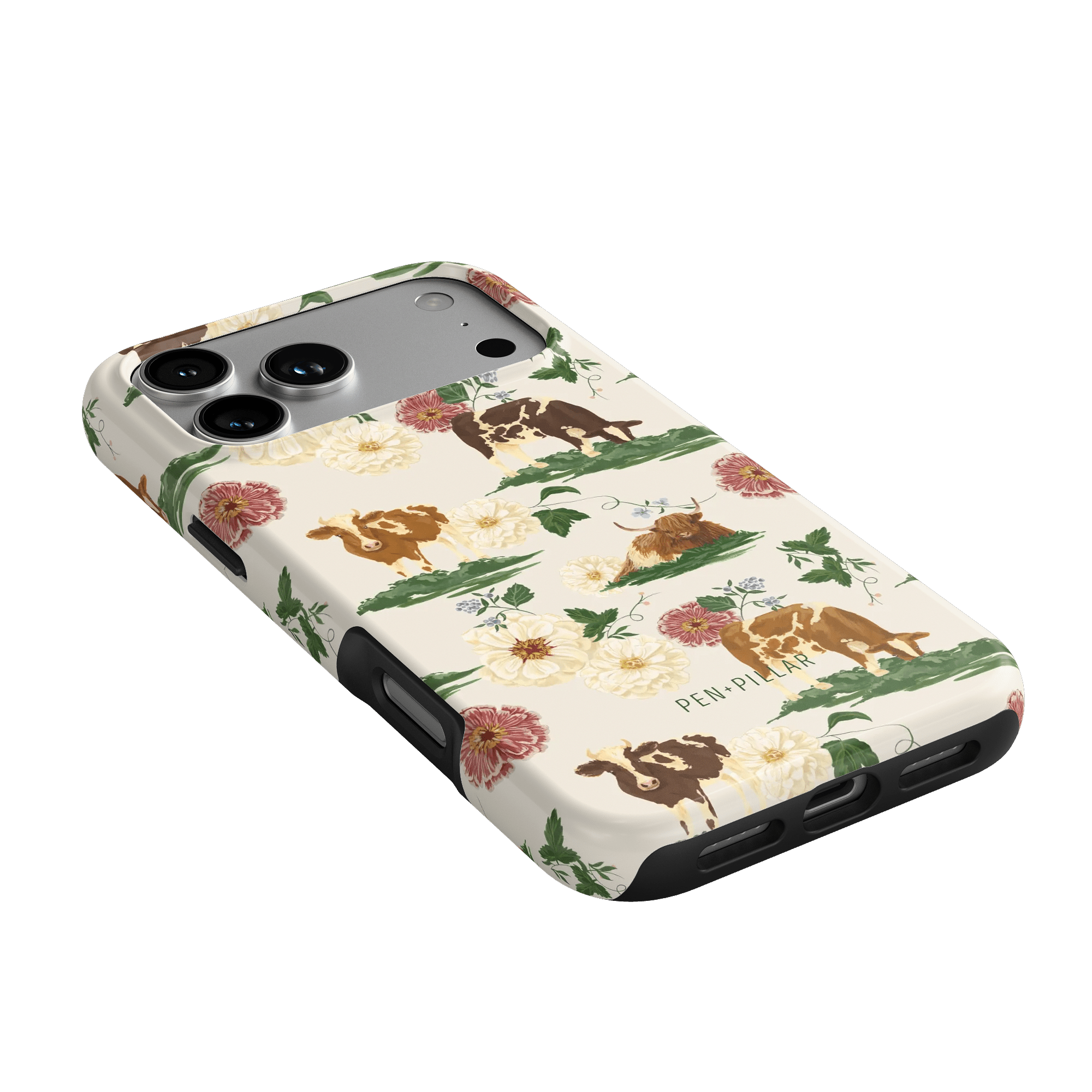 Pasture iPhone case featuring floral patterns and animal illustrations on a cream background with black edges.