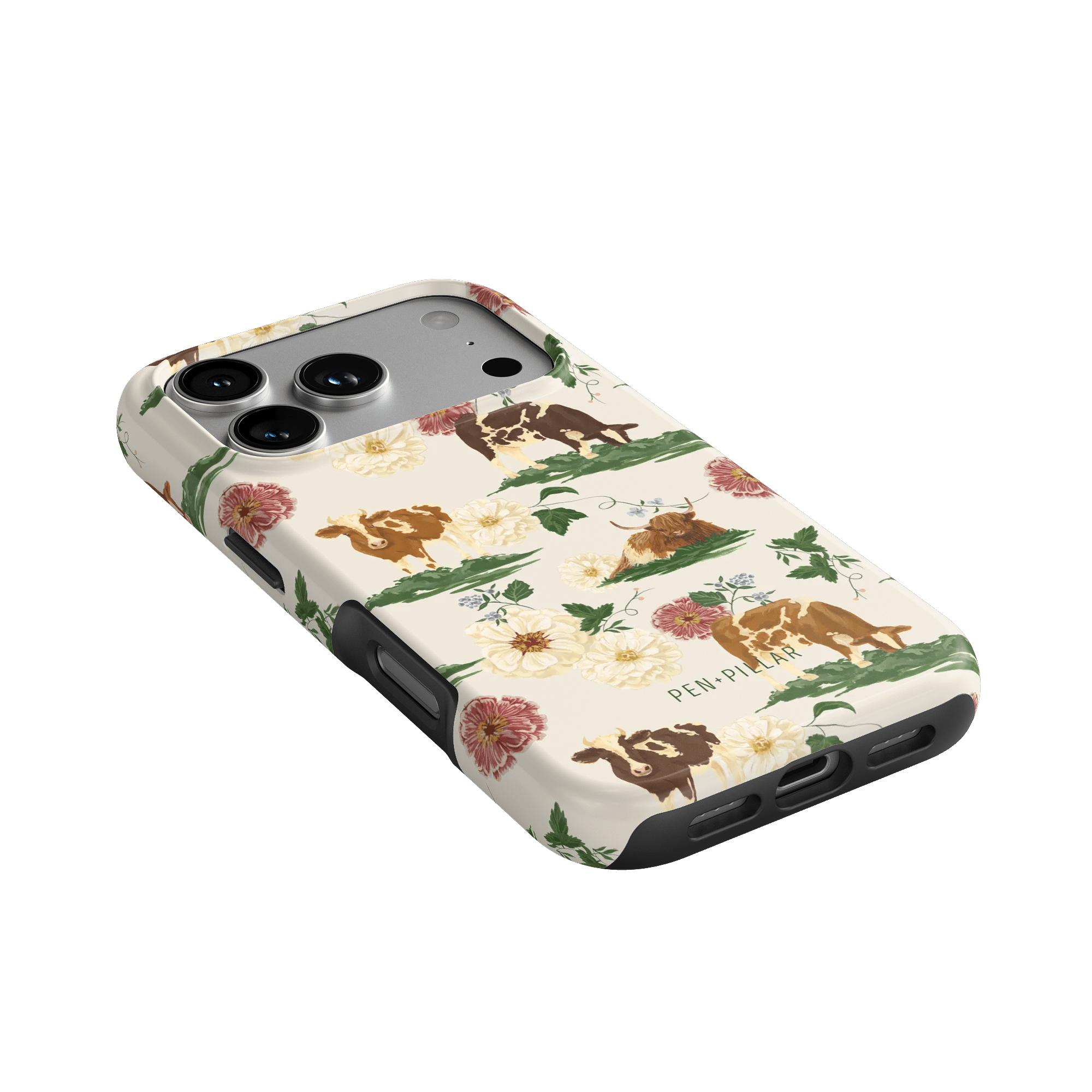 Pasture iPhone case featuring a floral and animal design in earthy tones, angled to show the camera cutout.