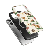 Pasture iPhone case featuring floral and animal designs in cream, black, and gray colors, shown from multiple angles.