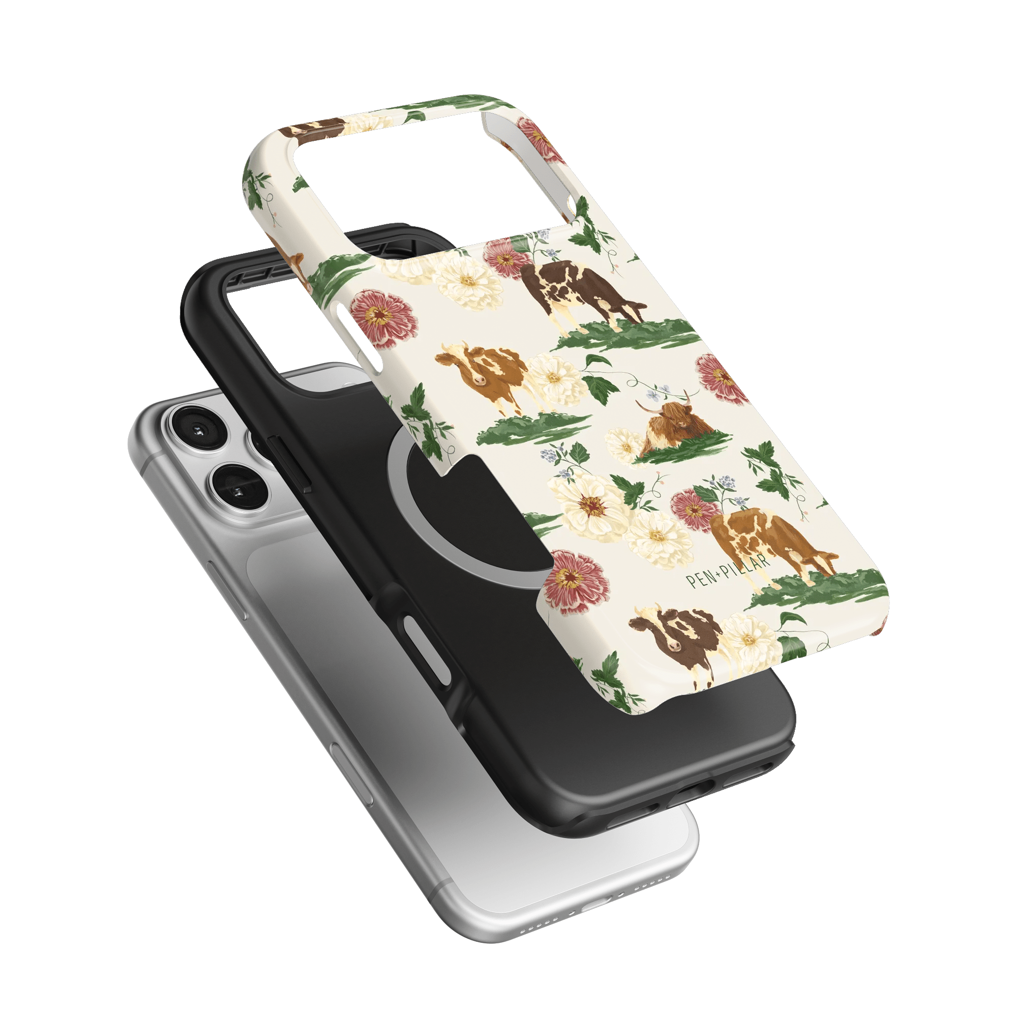 Pasture iPhone case featuring floral and animal designs in cream, black, and gray colors, shown from multiple angles.