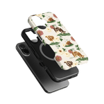 Pasture iPhone case featuring floral and animal designs in earthy tones, stacked with a black phone case.