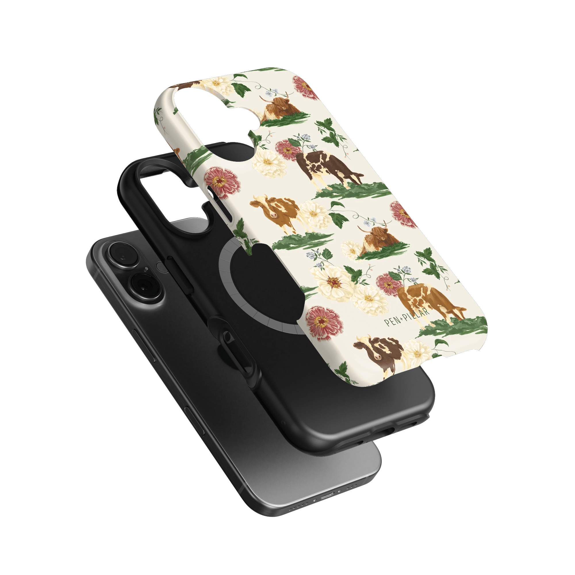Pasture iPhone case featuring floral and animal designs in earthy tones, stacked with a black phone case.