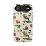 Pasture iPhone case featuring a floral design with cows and flowers in soft colors on a light background.